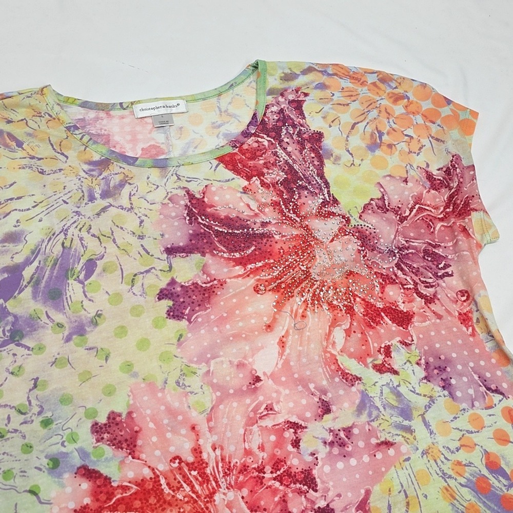 Christopher & Banks Top Womens Large Multicolor Floral Polka Dot Rhinestone y2k‎